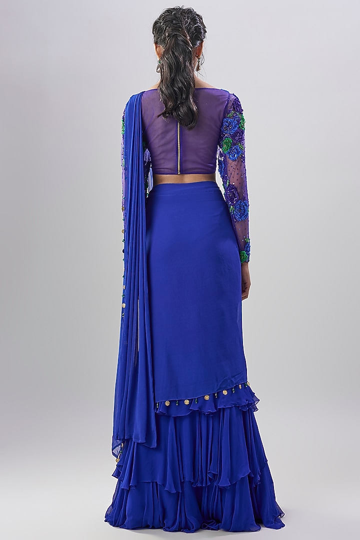 Blue Viscose Georgette Hand Embroidered Pre-Draped Skirt Wedding Saree Set by Dinesh Malkani at Pernia's Pop Up Shop