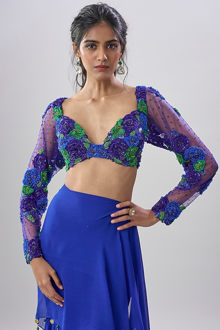 Blue Viscose Georgette Hand Embroidered Pre-Draped Skirt Wedding Saree Set by Dinesh Malkani at Pernia's Pop Up Shop