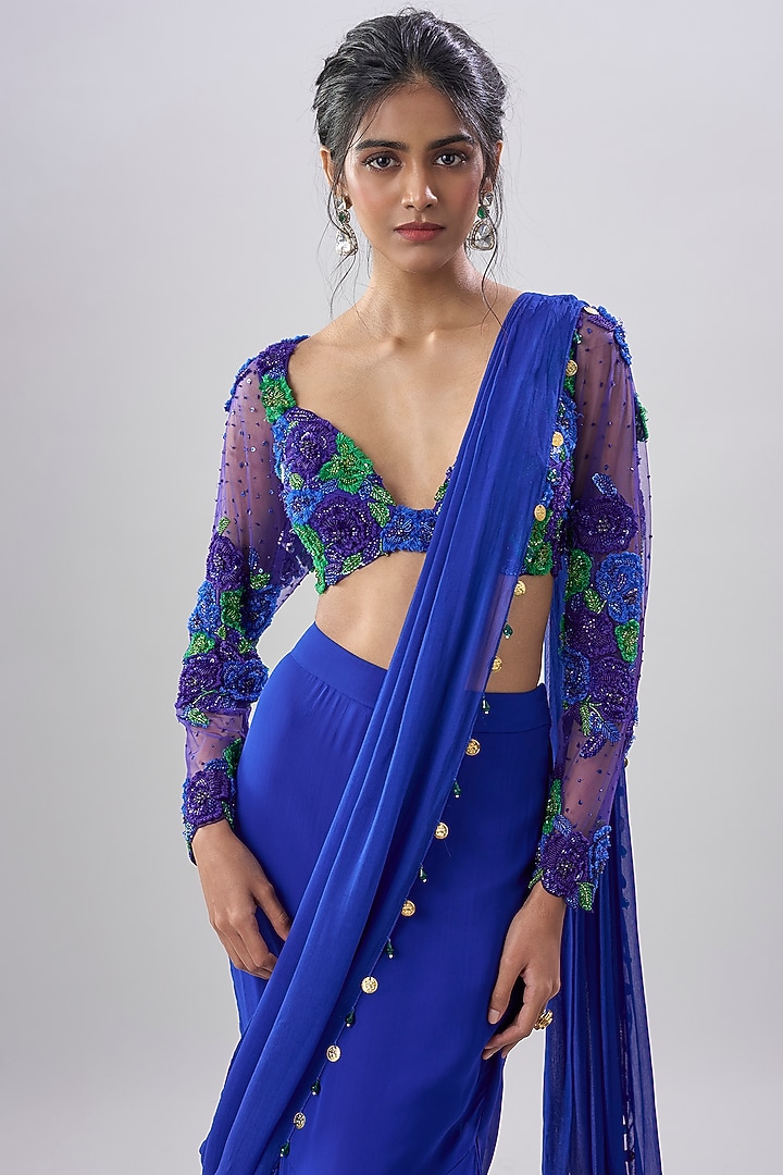 Blue Viscose Georgette Hand Embroidered Pre-Draped Skirt Wedding Saree Set by Dinesh Malkani at Pernia's Pop Up Shop