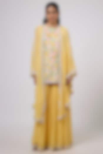 Yellow Viscose Georgette Hand Embroidered Wedding Sharara Set by Dinesh Malkani at Pernia's Pop Up Shop