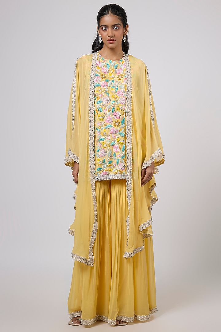 Yellow Viscose Georgette Hand Embroidered Wedding Sharara Set by Dinesh Malkani at Pernia's Pop Up Shop