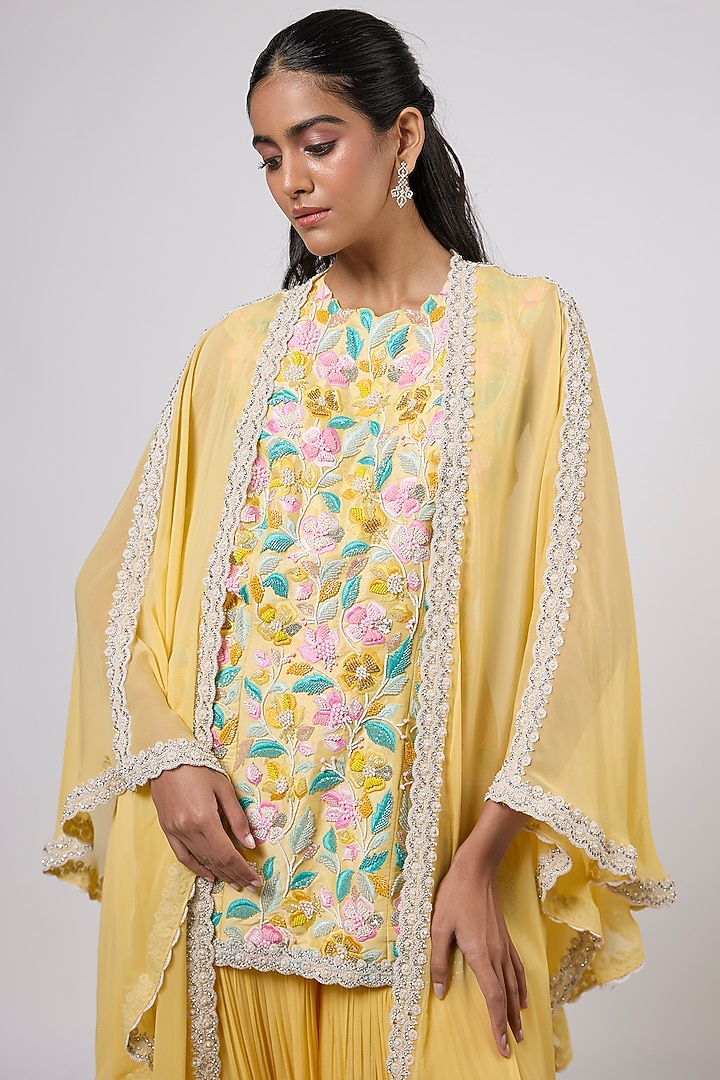 Yellow Viscose Georgette Hand Embroidered Wedding Sharara Set by Dinesh Malkani at Pernia's Pop Up Shop