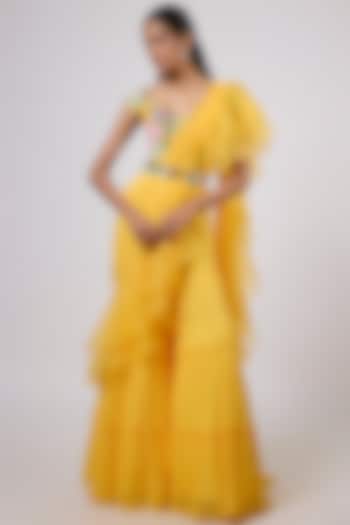 Yellow Viscose Georgette Hand Embroidered Tiered Sharara Wedding Saree Set by Dinesh Malkani at Pernia's Pop Up Shop