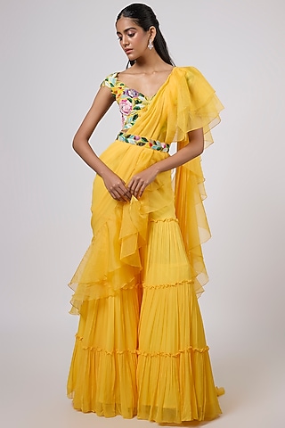Yellow Viscose Georgette Hand Embroidered Tiered Sharara Saree Set by Dinesh Malkani