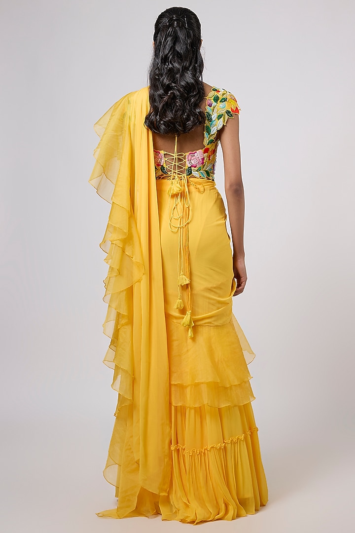 Yellow Viscose Georgette Hand Embroidered Tiered Sharara Wedding Saree Set by Dinesh Malkani at Pernia's Pop Up Shop