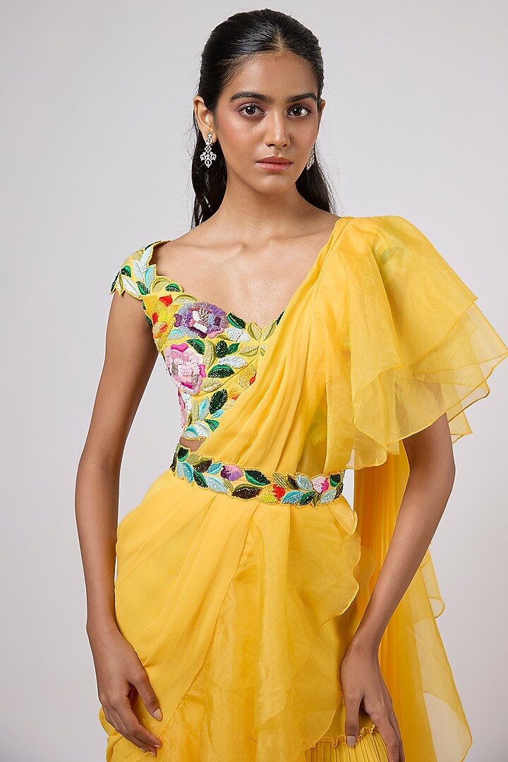 Yellow Viscose Georgette Hand Embroidered Tiered Sharara Wedding Saree Set by Dinesh Malkani at Pernia's Pop Up Shop