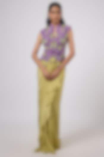 Green Crepe Hand Embroidered Draped Skirt Set by Dinesh Malkani at Pernia's Pop Up Shop
