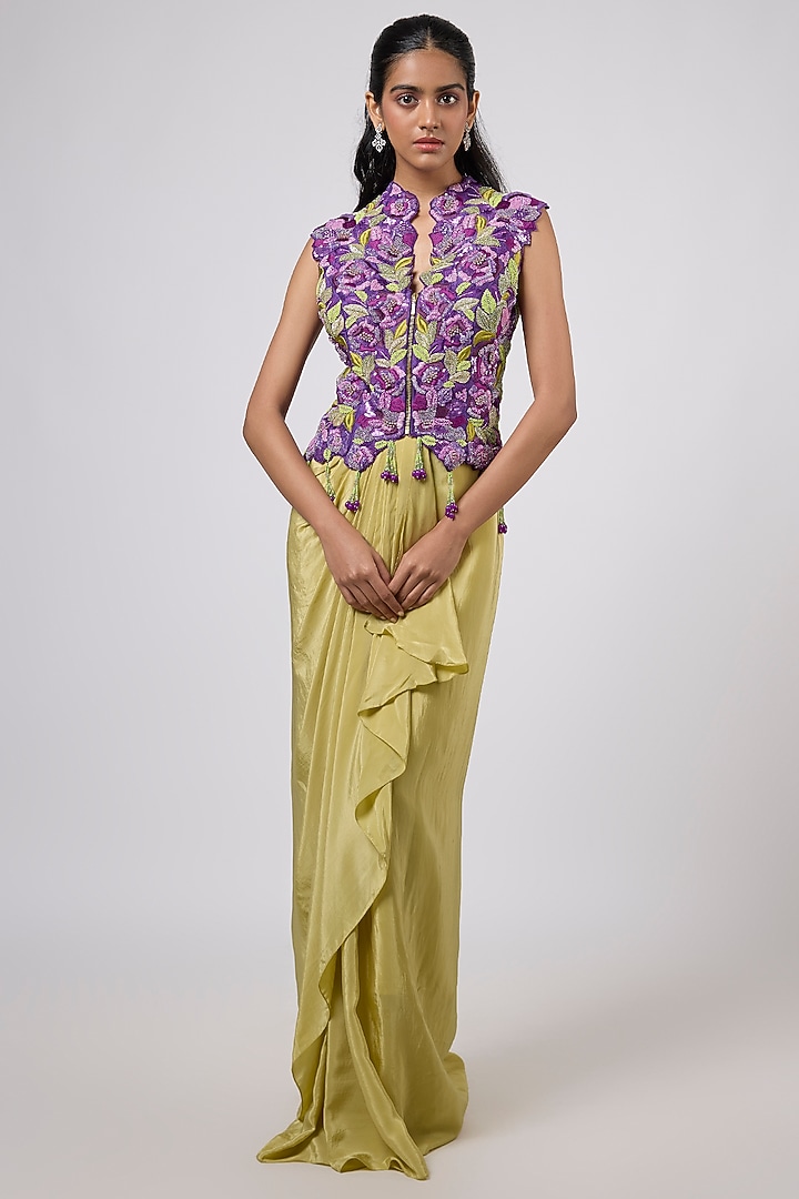 Green Crepe Hand Embroidered Draped Skirt Set by Dinesh Malkani at Pernia's Pop Up Shop