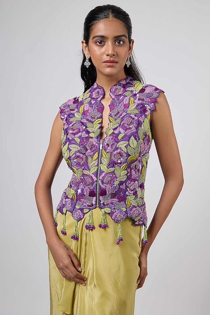 Green Crepe Hand Embroidered Draped Skirt Set by Dinesh Malkani at Pernia's Pop Up Shop