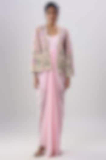Pink Crepe Engagement Gown With Hand Embroidered Cape by Dinesh Malkani at Pernia's Pop Up Shop