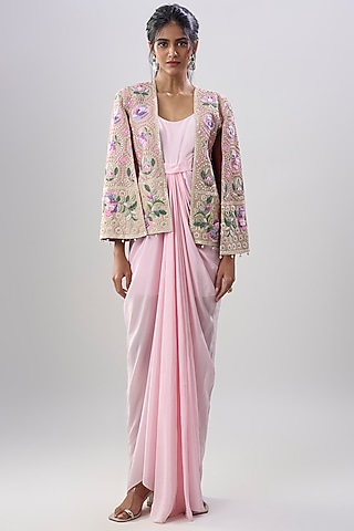Pink Crepe Gown With Hand Embroidered Cape by Dinesh Malkani