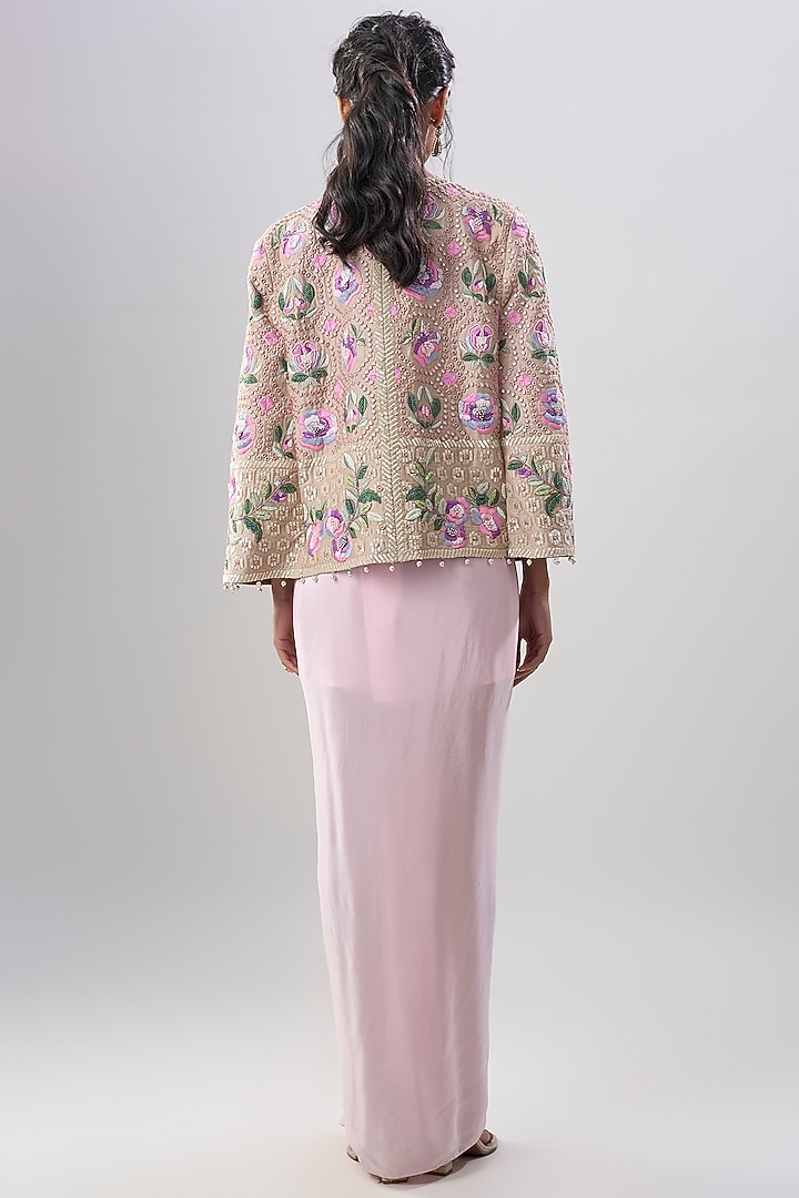 Pink Crepe Engagement Gown With Hand Embroidered Cape by Dinesh Malkani at Pernia's Pop Up Shop