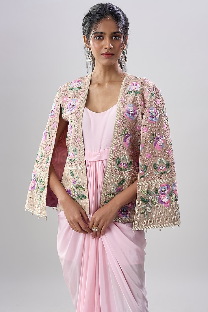 Pink Crepe Engagement Gown With Hand Embroidered Cape by Dinesh Malkani at Pernia's Pop Up Shop