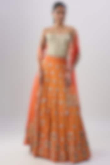 Orange Cotton Silk Hand Embroidered Bridal Lehenga Set by Dinesh Malkani at Pernia's Pop Up Shop