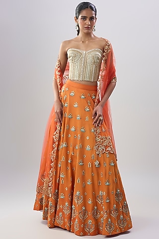 Orange Cotton Silk Hand Embroidered Lehenga Set by Dinesh Malkani