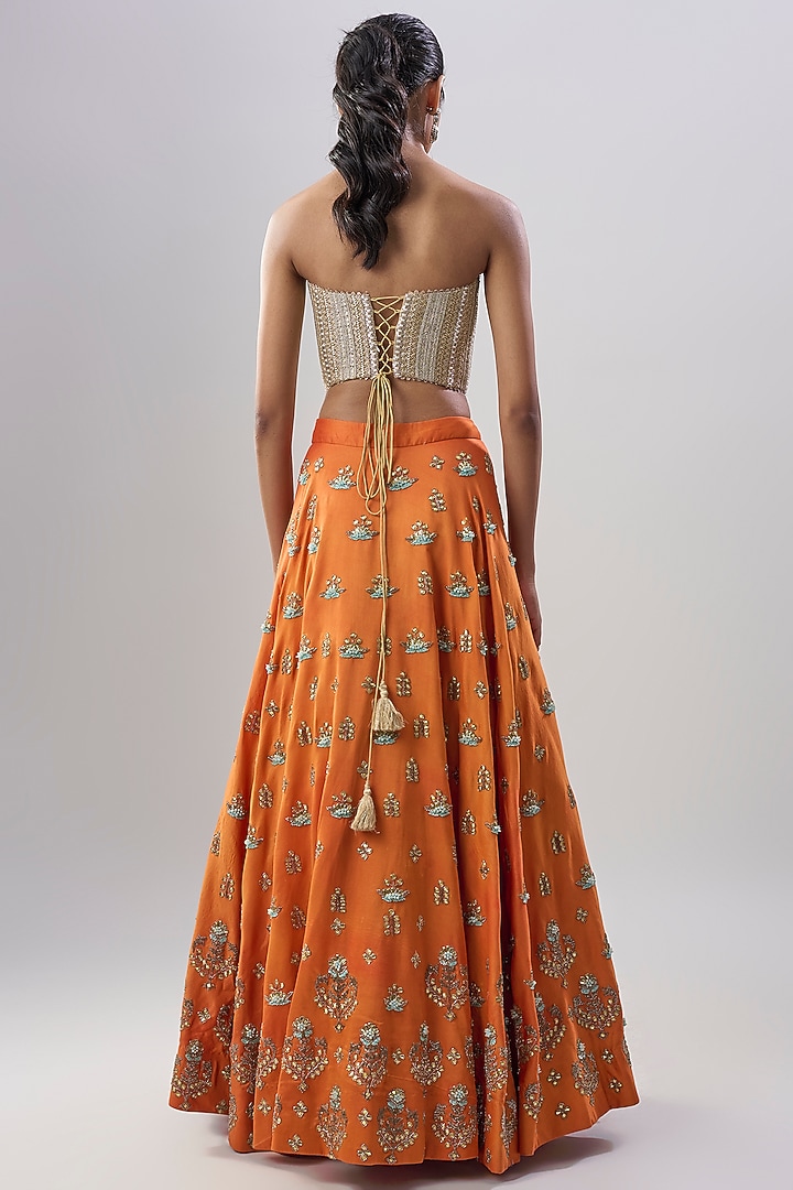 Orange Cotton Silk Hand Embroidered Bridal Lehenga Set by Dinesh Malkani at Pernia's Pop Up Shop