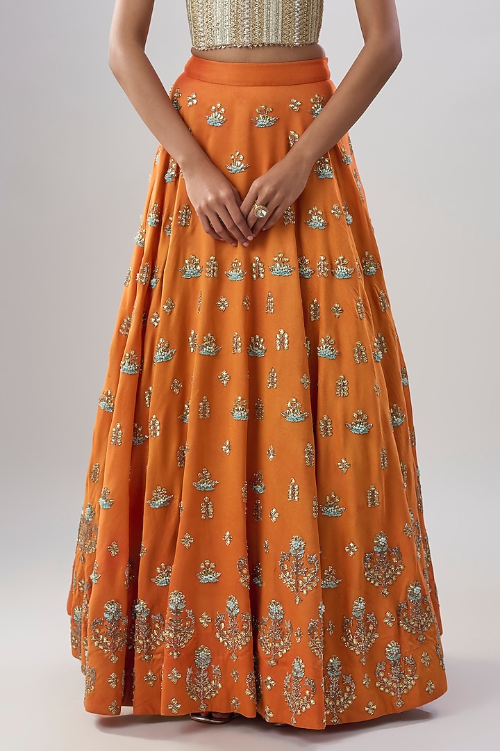 Orange Cotton Silk Hand Embroidered Bridal Lehenga Set by Dinesh Malkani at Pernia's Pop Up Shop