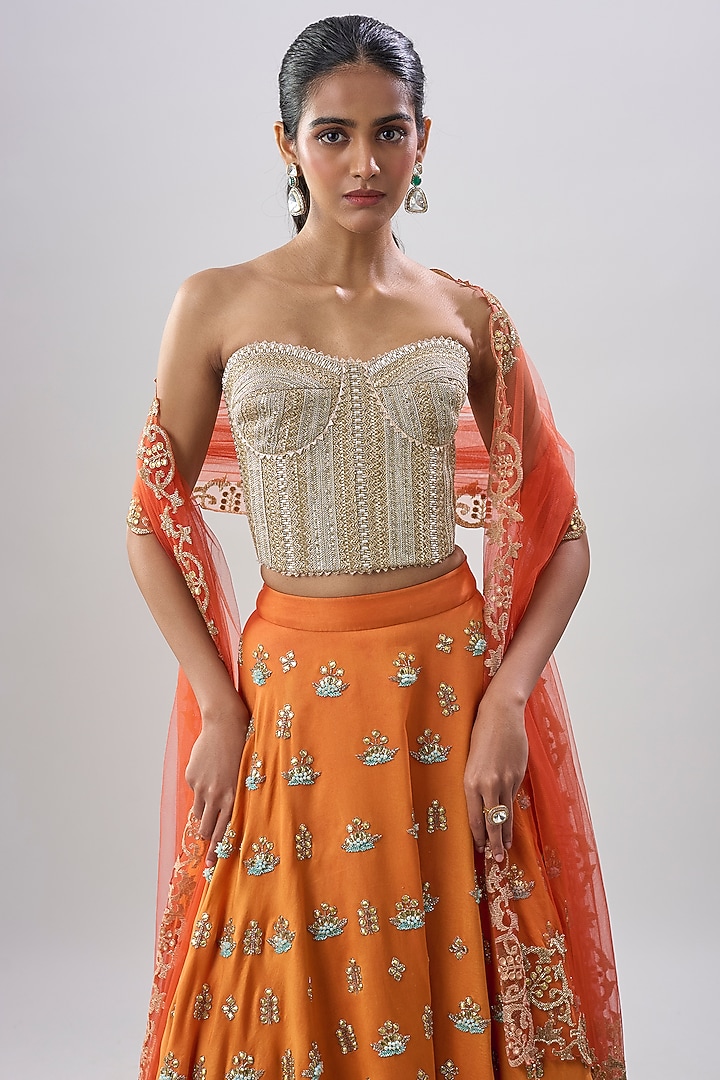 Orange Cotton Silk Hand Embroidered Bridal Lehenga Set by Dinesh Malkani at Pernia's Pop Up Shop