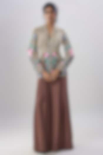 Brown Viscose Georgette Hand Embroidered Pleated Wedding Sharara Set by Dinesh Malkani at Pernia's Pop Up Shop