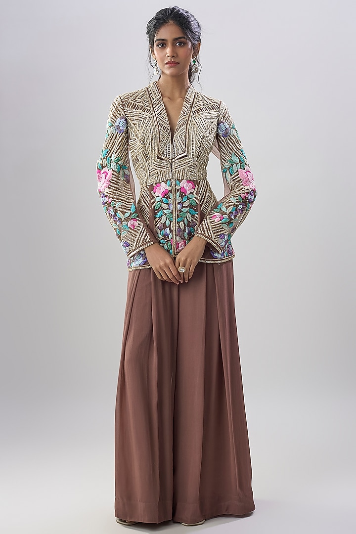 Brown Viscose Georgette Hand Embroidered Pleated Wedding Sharara Set by Dinesh Malkani at Pernia's Pop Up Shop