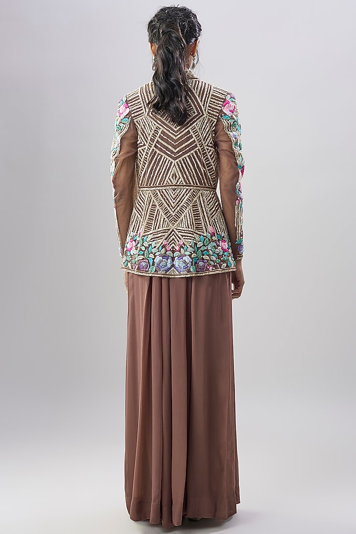 Brown Viscose Georgette Hand Embroidered Pleated Wedding Sharara Set by Dinesh Malkani at Pernia's Pop Up Shop