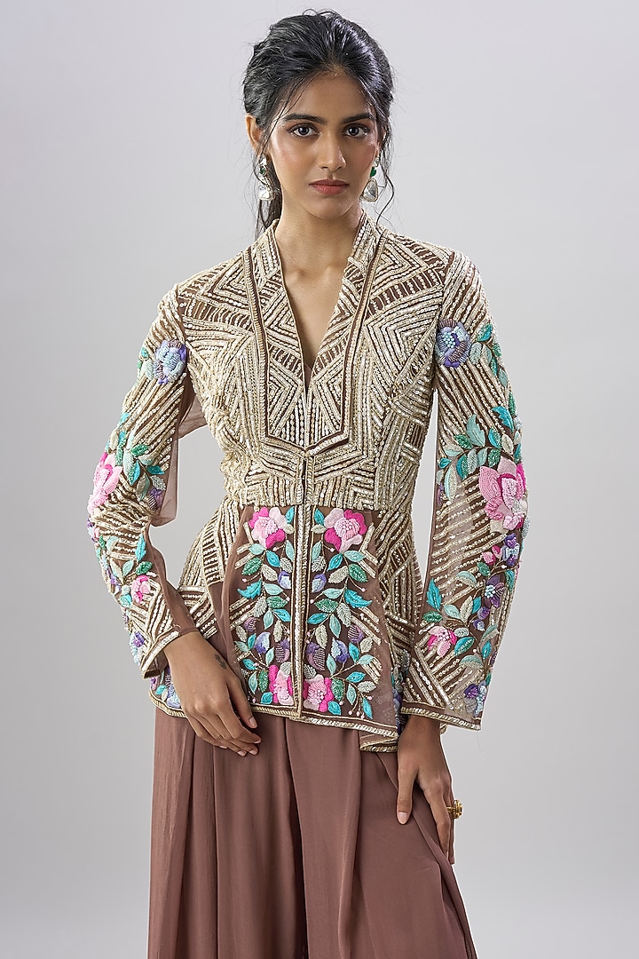 Brown Viscose Georgette Hand Embroidered Pleated Wedding Sharara Set by Dinesh Malkani at Pernia's Pop Up Shop