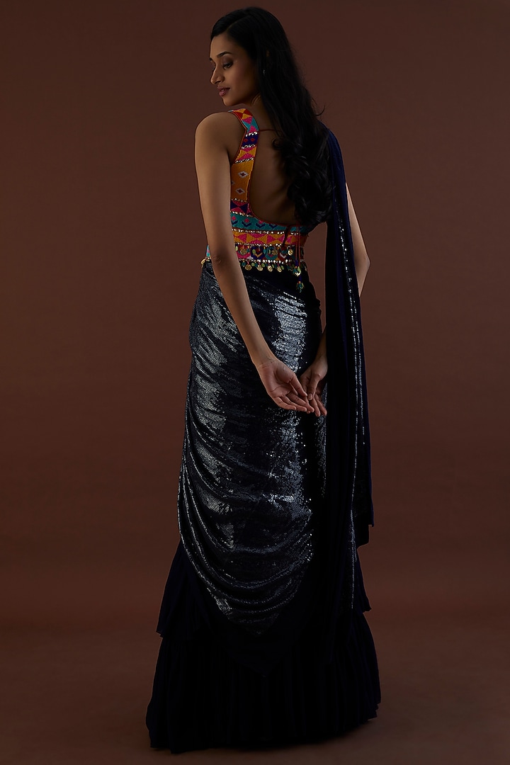 Navy Blue Georgette Pre-Stitched Skirt Wedding Saree Set by Dinesh Malkani at Pernia's Pop Up Shop