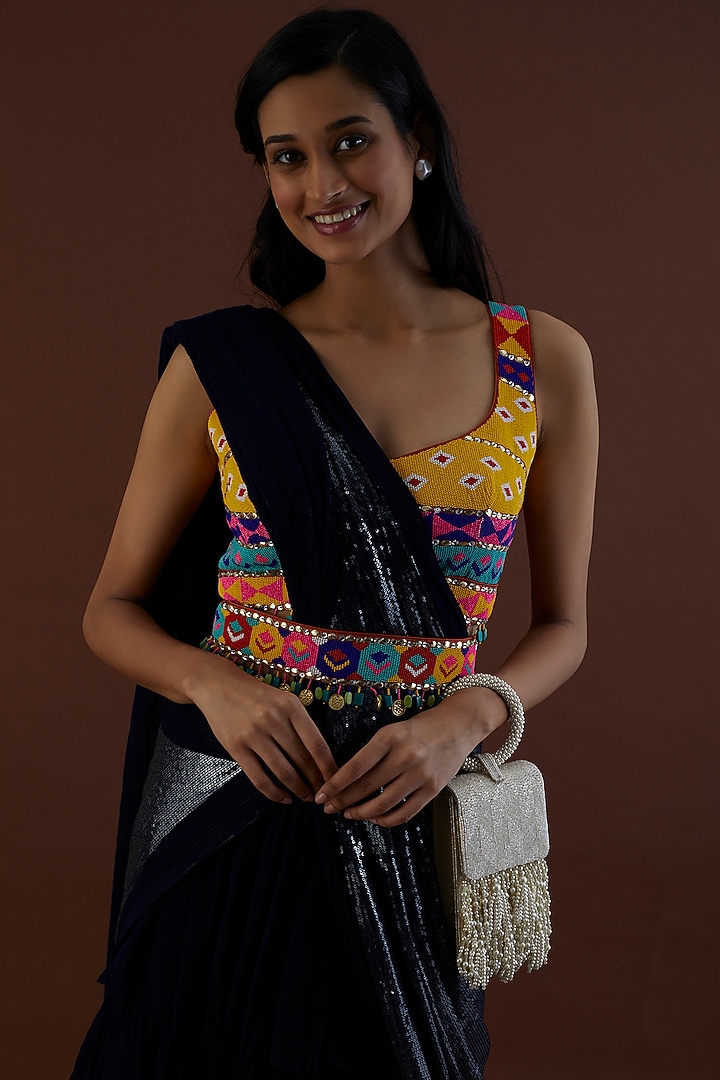 Navy Blue Georgette Pre-Stitched Skirt Wedding Saree Set by Dinesh Malkani at Pernia's Pop Up Shop