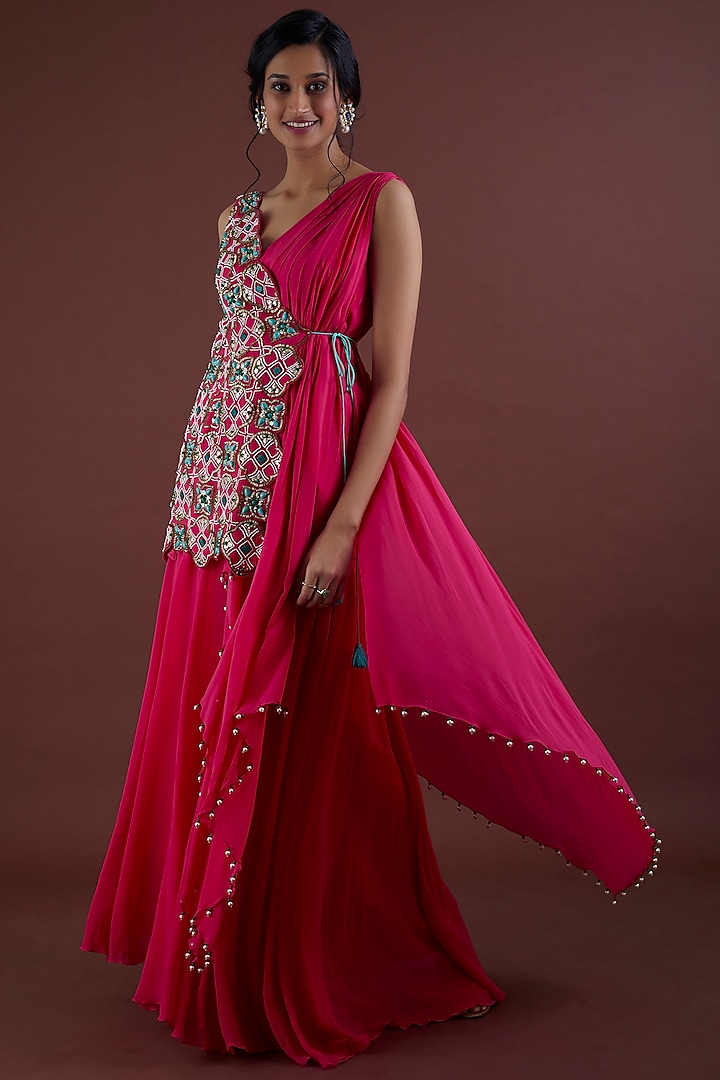 Red Embroidered Draped Kurta Set by Dinesh Malkani