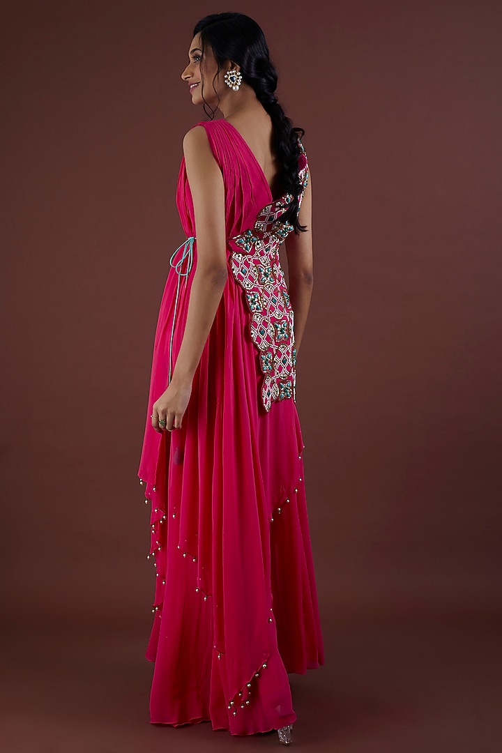 Red Embroidered Draped Kurta Set by Dinesh Malkani at Pernia's Pop Up Shop