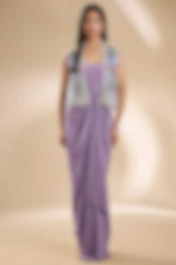 Purple Silk Embroidered Jacket Draped Dress by Dinesh Malkani at Pernia's Pop Up Shop