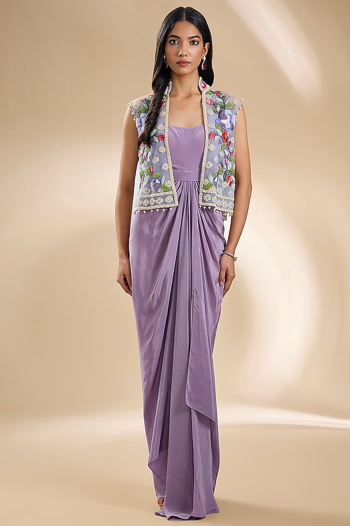 Purple Silk Embroidered Jacket Draped Dress by Dinesh Malkani at Pernia's Pop Up Shop