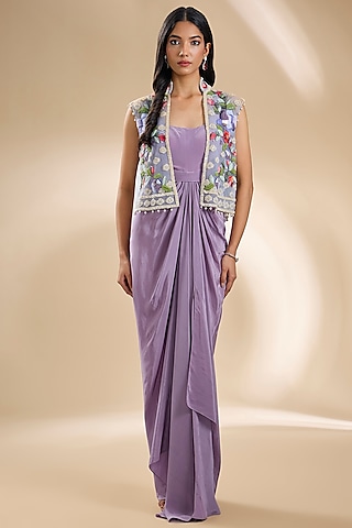 Purple Silk Embroidered Jacket Draped Dress by Dinesh Malkani