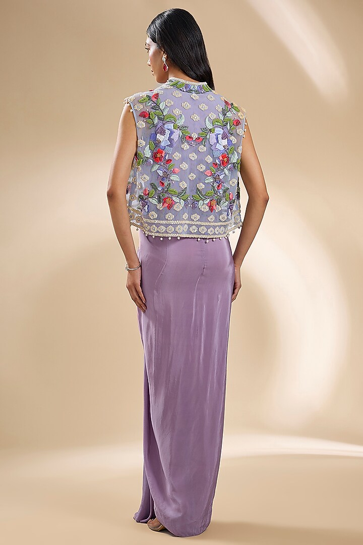 Purple Silk Embroidered Jacket Draped Party Wear Dress by Dinesh Malkani at Pernia's Pop Up Shop