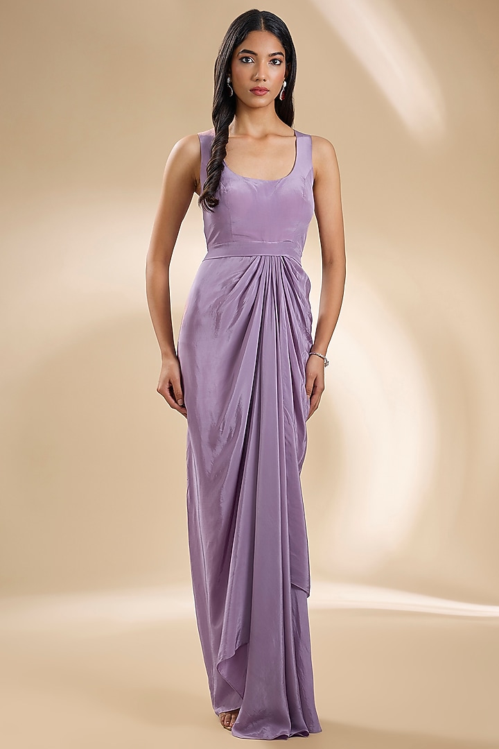 Purple Silk Embroidered Jacket Draped Party Wear Dress by Dinesh Malkani at Pernia's Pop Up Shop