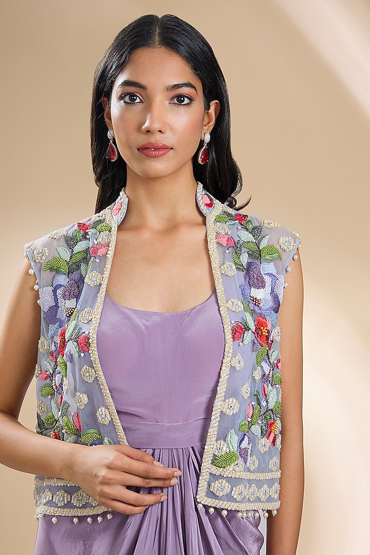 Purple Silk Embroidered Jacket Draped Party Wear Dress by Dinesh Malkani at Pernia's Pop Up Shop