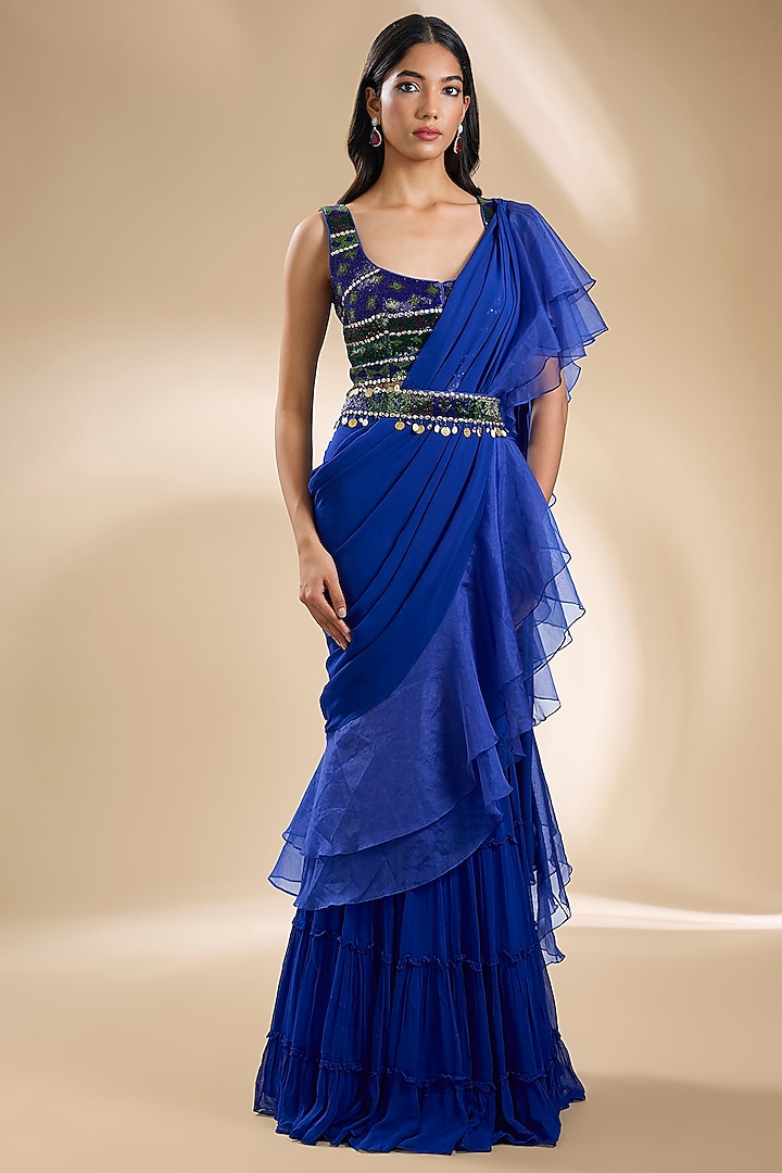 Blue Viscose Georgette Pant Saree Set by Dinesh Malkani at Pernia's Pop Up Shop