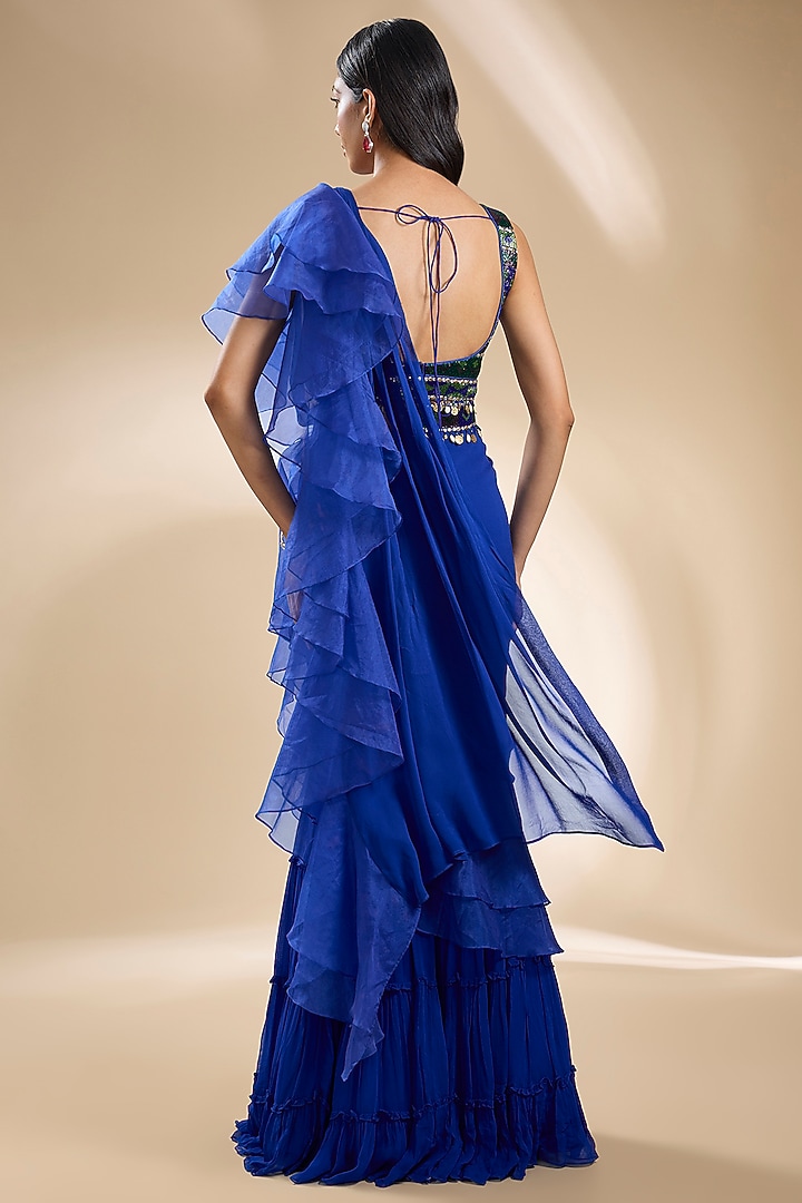 Blue Viscose Georgette Pant Wedding Saree Set by Dinesh Malkani at Pernia's Pop Up Shop