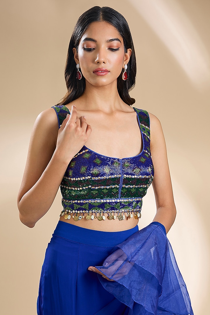 Blue Viscose Georgette Pant Wedding Saree Set by Dinesh Malkani at Pernia's Pop Up Shop