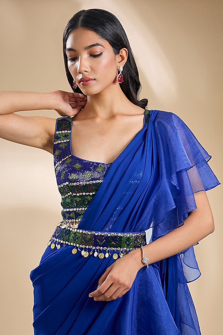 Blue Viscose Georgette Pant Wedding Saree Set by Dinesh Malkani at Pernia's Pop Up Shop
