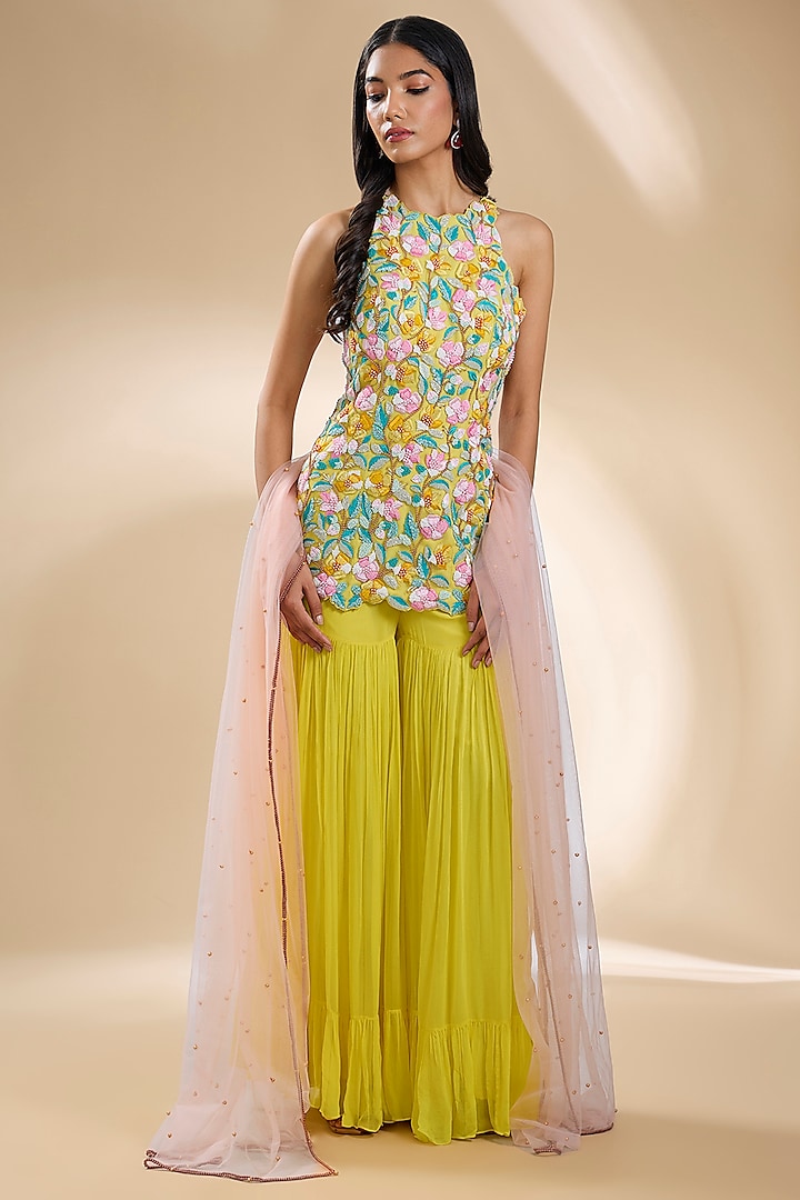 Yellow Viscose Georgette & Net Sharara Set by Dinesh Malkani at Pernia's Pop Up Shop