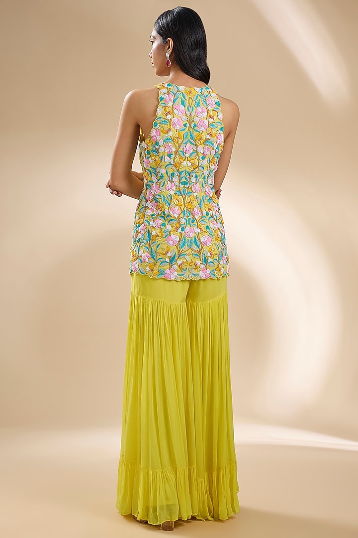 Yellow Viscose Georgette & Net Wedding Sharara Set by Dinesh Malkani at Pernia's Pop Up Shop