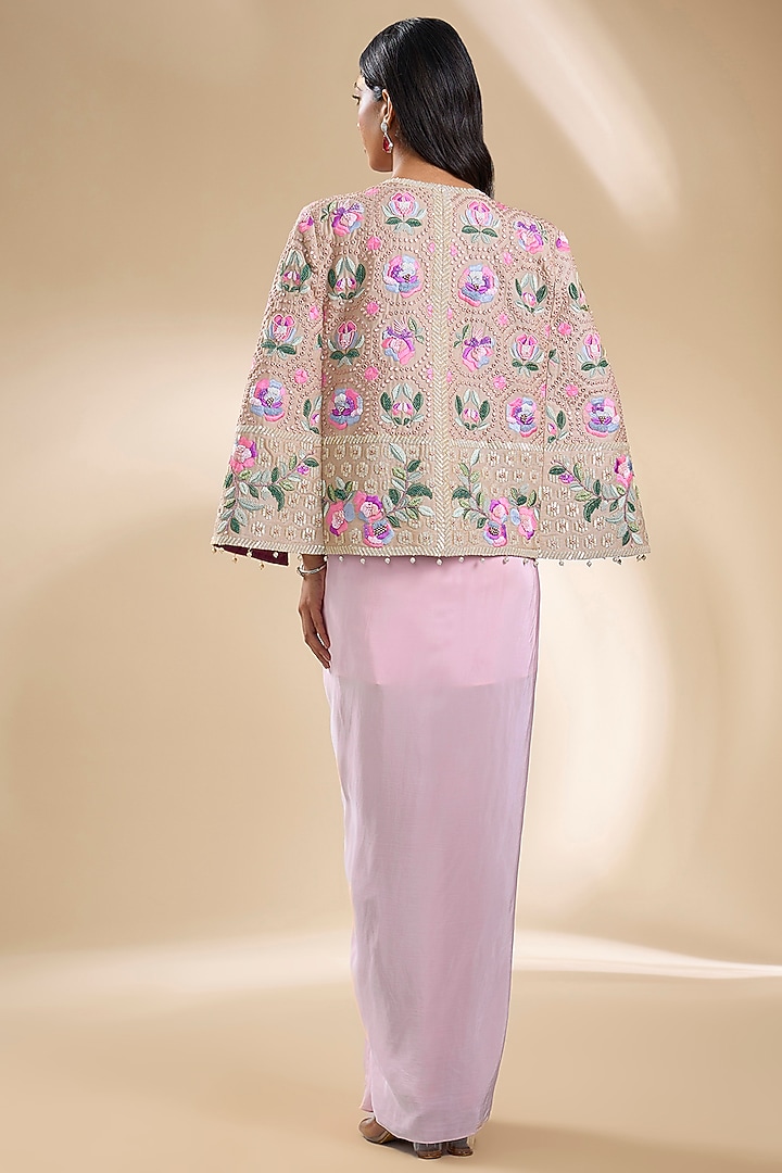 Pink Silk Embroidered Jacket Draped Party Wear Dress by Dinesh Malkani at Pernia's Pop Up Shop