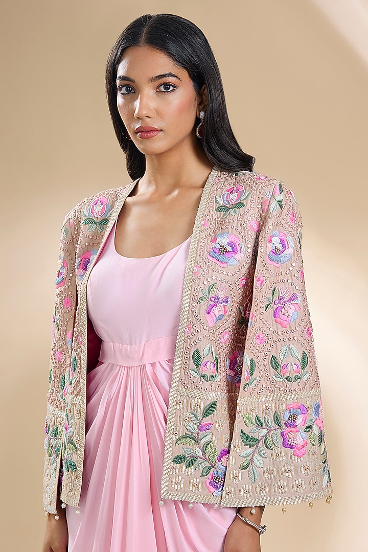 Pink Silk Embroidered Jacket Draped Party Wear Dress by Dinesh Malkani at Pernia's Pop Up Shop