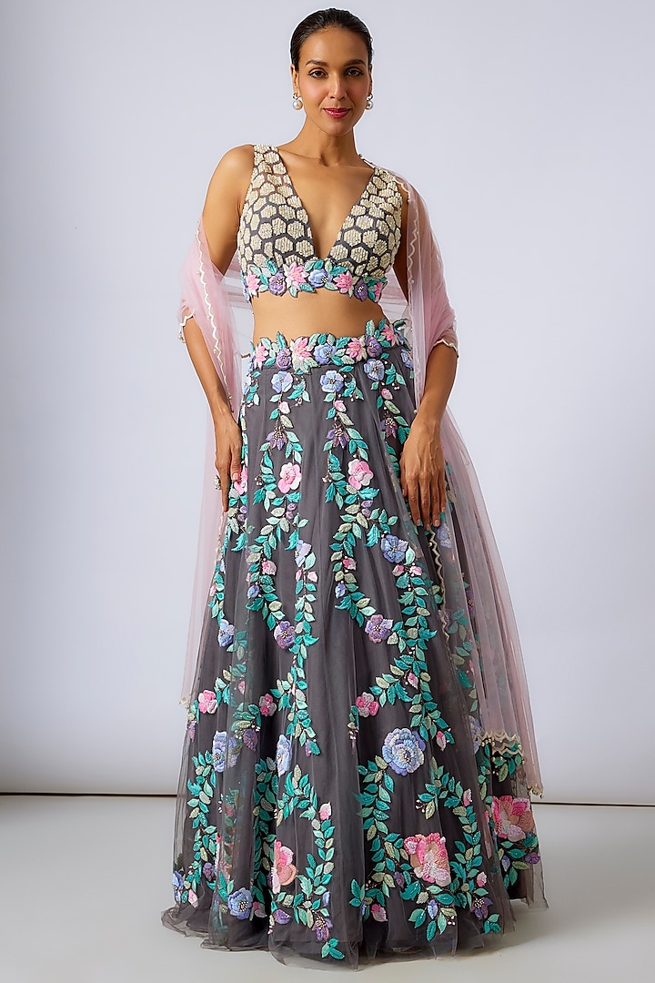 Multi-Colored Net Cutdana Embroidered Wedding Lehenga Set by Dinesh Malkani at Pernia's Pop Up Shop