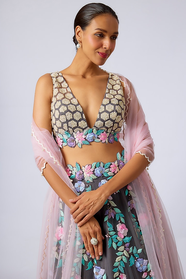 Multi-Colored Net Cutdana Embroidered Wedding Lehenga Set by Dinesh Malkani at Pernia's Pop Up Shop