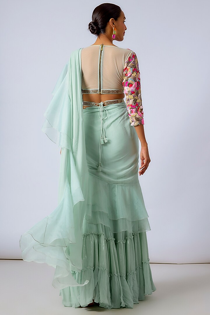 Aqua Georgette Pant Wedding Saree Set by Dinesh Malkani at Pernia's Pop Up Shop