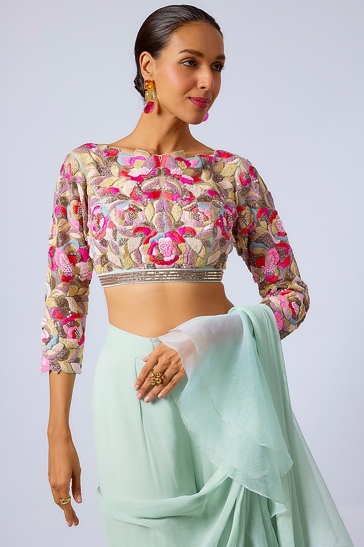 Aqua Georgette Pant Wedding Saree Set by Dinesh Malkani at Pernia's Pop Up Shop