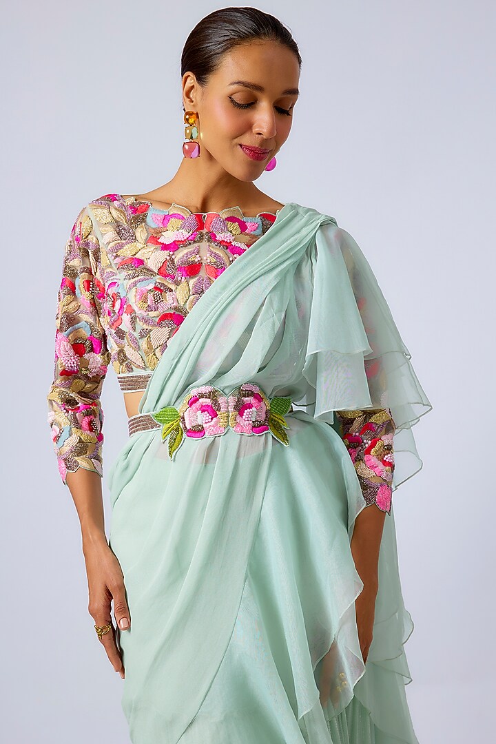 Aqua Georgette Pant Wedding Saree Set by Dinesh Malkani at Pernia's Pop Up Shop