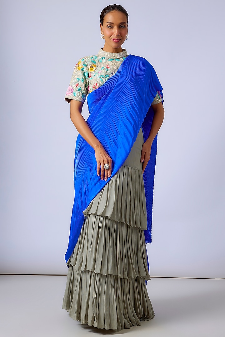 Multi-Colored Georgette Skirt Saree Set by Dinesh Malkani at Pernia's Pop Up Shop